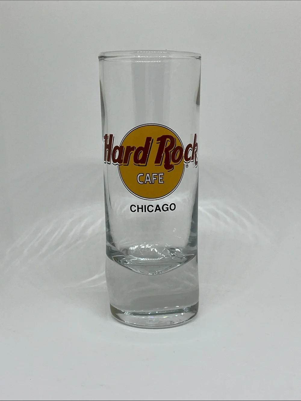 Hard Rock Cafe Chicago Clear Shot Glass with Yellow and Red Logo